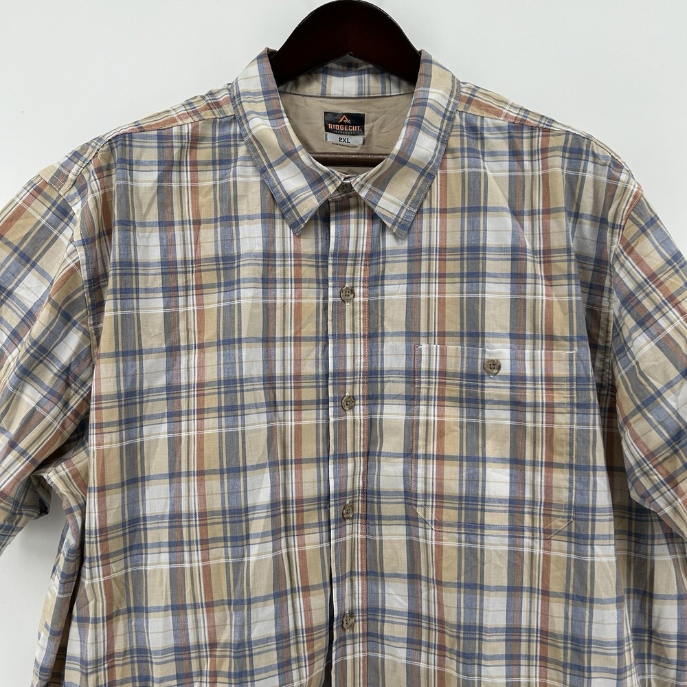 Ridgecut Toughwear Mens 2XL Yellow Blue Plaid Short Sleeve Work Shirt Dadcore - Picture 2 of 8